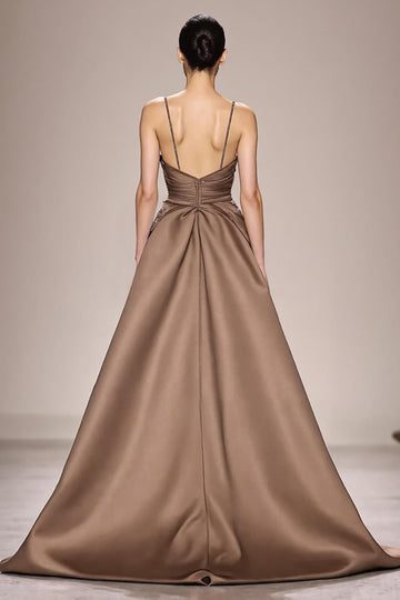 Sparkly Coffee Satin Ruched A Line Long Formal Dress With Slit